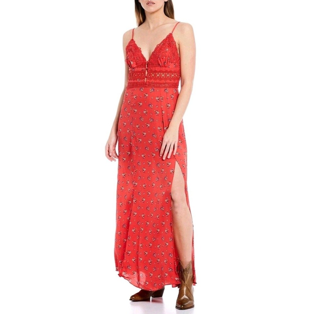 NWT Free People Out And About Floral Maxi Dress Red Size Large Boho Festival